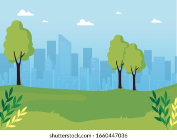 park nature with urban landscape vector illustration design