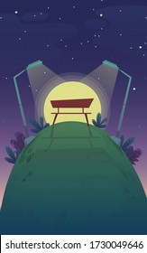 park night bench , romantic date sunset walk , grass hill stars at the sky background. vector landscape scenery illustration