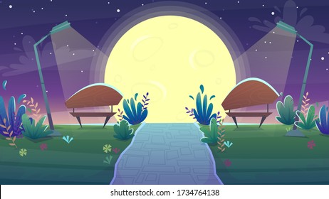 park night bench , romantic date sunset walk , grass hill stars at the sky background. vector landscape scenery illustration