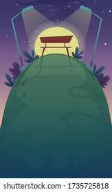 banco de la noche del parque , romántico paseo de la puesta de sol de la fecha , estrellas de la colina de césped al fondo del cielo. ilustración de paisaje vectorial