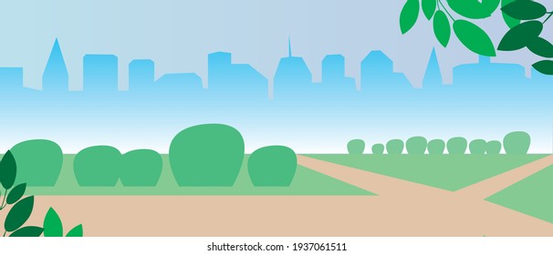 Park no people to overlay. Flat vector stock illustration. A blank or overlay template. Copy space overlay. Nature in an empty park. Illustration with trees, lawn and plants for design