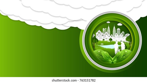 park on green town shape, origami concept and ecology idea, vector art and illustration.