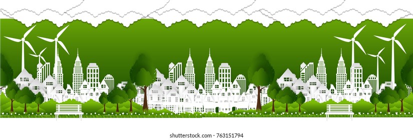 park on green town shape, origami concept and ecology idea, vector art and illustration.