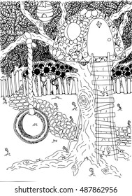 park. outdoor. backyard. swing. wheel. childhood. tree house. Vector illustration. Doodle drawing. Meditative exercise. Coloring book anti stress for adults. Brown and white.