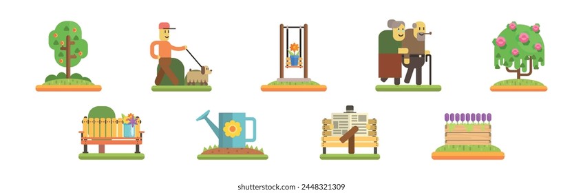 Park Outdoor Environment Flat Icon and Element Vector Set