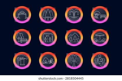 Park outdoor icon. Park gate, trees, fountain, bench, garden, wc building, mountain trees, patio umbrella, large tree, bicycle park, willow tree, reading person displayed in circular gradient frames