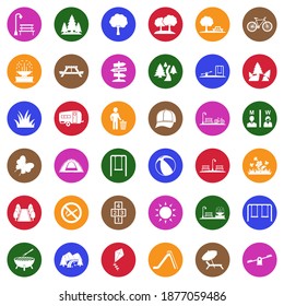 Park And Outdoor Icons. White Flat Collection In Circle. Vector Illustration.