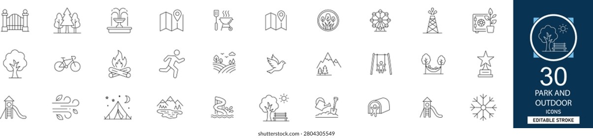  Park and outdoor line icon set with 30 icons trees, bench, playground, picnic, nature, walking path, forest, leisure. Clean linear vector, editable stroke.