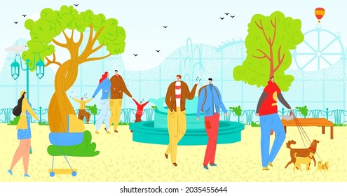 Park outdoor with people, vector illustration. Man woman character walk at nature, city lifestyle at summer. Family activity in park