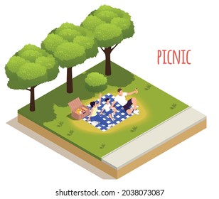 Park outdoor picnic isolated isometric element icon family on gingham tablecloth enjoying snacks from food basket vector illustration