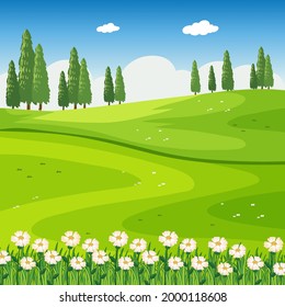 Park outdoor scene with flower field and blank meadow illustration