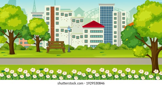 Park outdoor scene with many building in background illustration