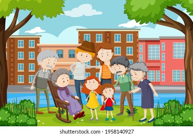 Park outdoor scene with member of family illustration
