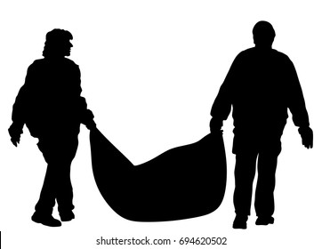 Park outdoor workers with bag of leaves or garbage, trash, vector silhouette illustration. Gardeners holds a plastic bag with garbage. Backyard Garden raking, Clean Up. Landscaper Foliage cleaning.