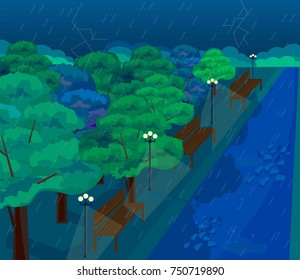 Park outdoors on a rainy day. Vector flat style illustration