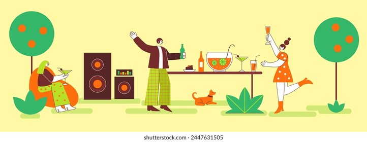 Park party with fun drinks, bbq outside. Vector of outdoor summer, drink cartoon picnic leisure illustration