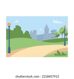 Park path with flower beds and lanterns. flat vector illustration. Summer activity and leisure concept