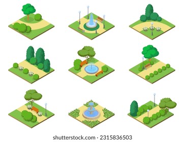 Park path. Isolated isometric summer park paths, green grass and trees, fountains, flowers, benches icon collection. Vector illustration of park nature and walking paths