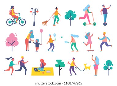 Park people isolated icons set. Biker on bicycle, woman walking pet dog, skating female and couple playing tennis. Freelance worker on blanket vector