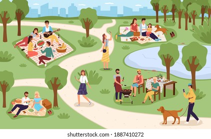 Park Picnic. Family Rest In City Park, People Eat And Drink In Nature Together, Communicate With Friends Sitting On Grass, Summer Outdoor Relax, Bbq Party On Weekend. Vector Colorful Cartoon Concept