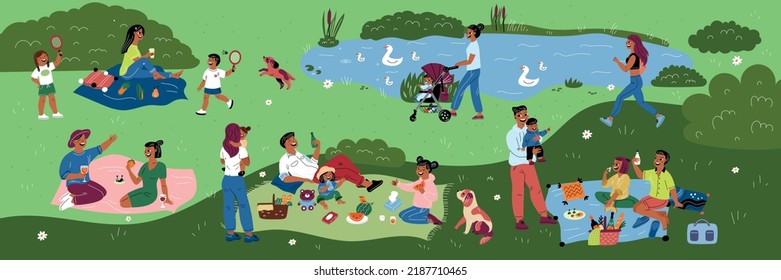 Park picnic. Happy people with kids on nature. Families eat and drink on grass. Moms walk with babies. Romantic lunch. Couples relax on blankets. Outdoor vacation. Garish