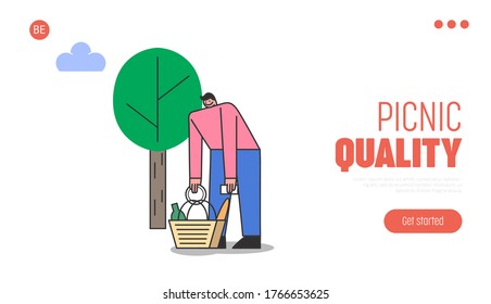 Park picnic landing page with man holding picnic basket with tasty food for outdoor party with friends or romantic date with woman. Relationship and relaxation concept. Flat vector illustration
