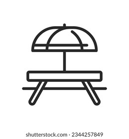 Park Picnic Table with Umbrella Icon. Vector Outline Editable Sign of Outdoor Leisure and Relaxation with Family in Nature or Camping. Linear Minimal Illustration.