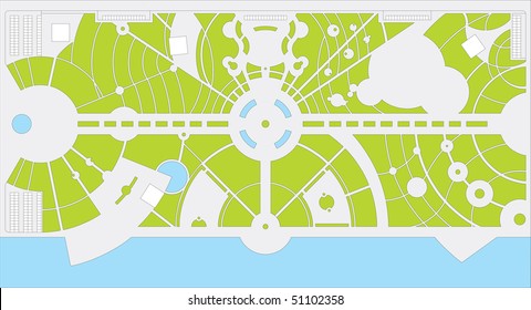 Park plan with river. There are central avenue, pathes, pools ann grass.