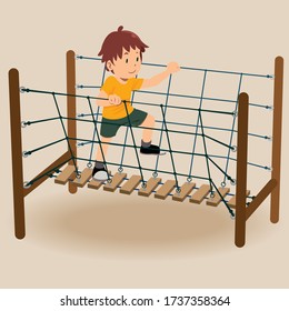Park Playground Equipment set for Children Playing concept with rope bridge. vector illustration.