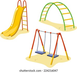 Park Playground Equipment set for Children Playing Stations, with sledge, toboggan and hammocks vector illustration.