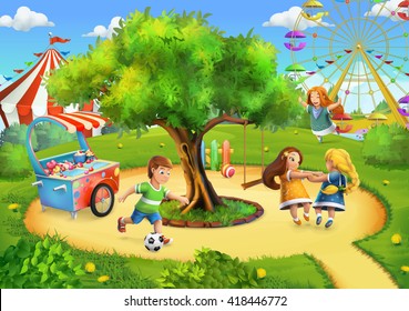 Park playground. Playing kids. 3d vector background