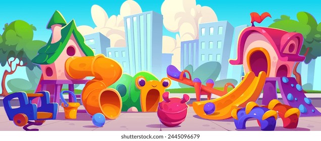 Park playground slide and swing for kid to play. Kindergarten or school game ground area with seesaw, tube and rocking toy daycare amusement. Urban outdoor preschool court city landscape design