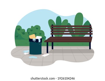 Park pollution 2D vector web banner, poster. Plastic masks trash. Dirty environment after covid quarantine flat objects on cartoon background. Pandemic printable patch, colorful web element