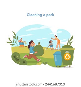 Park preservation concept. Eager young volunteers gather litter, promoting environmental health in community park. Unity in eco-friendly action. Good will and help in ecology. Vector illustration