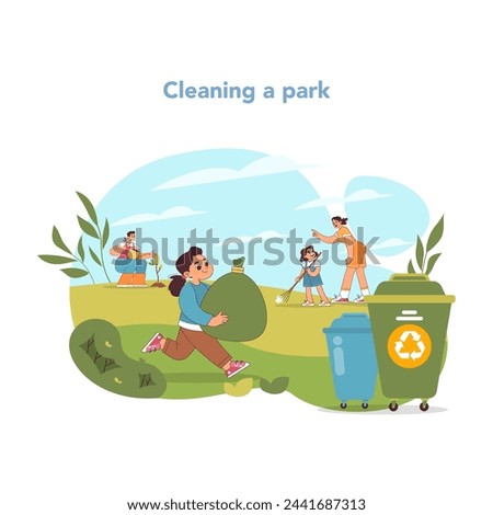 Park preservation concept. Eager young volunteers gather litter, promoting environmental health in community park. Unity in eco-friendly action. Good will and help in ecology. Vector illustration