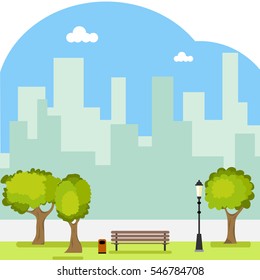 Park, a public park, bench, trees, vacation, street, grass, walk. Flat design, vector illustration, vector.