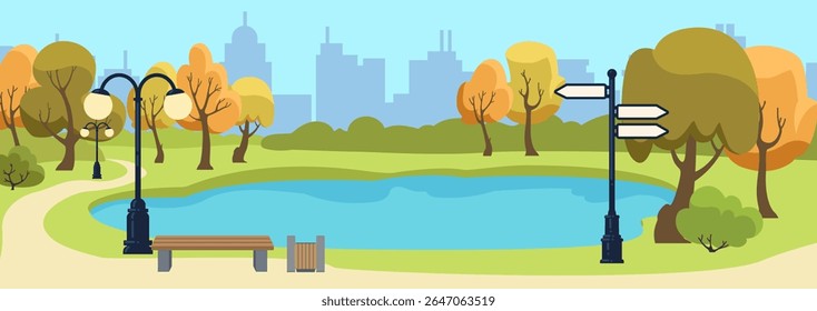 Parque público com lago. Jardim urbano de rua com bancos de madeira e lâmpada de luz. Paisagem de verão. Vista da cidade. Assentos ao ar livre e lanternas. Gramado de grama. Plantas. Plano de fundo da paisagem urbana vazia do vetor