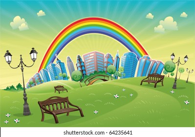 Park With Rainbow. Funny Cartoon And Vector Scene.