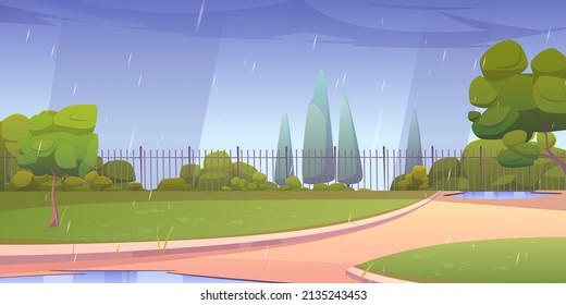 Park at rainy day, city area with paths, fence, green lawns and trees, summer landscape with cloudy sky , empty public place for walking and recreation, urban garden, Cartoon vector background