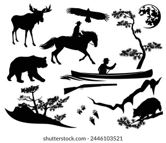 park ranger with boat, horse and wild animals - wilderness area travelling man and nature black and white vector silhouette set