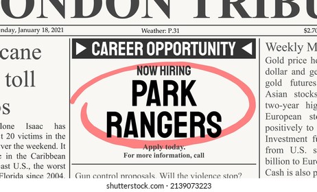 Park Ranger Career. Recruitment Offer - Job Ad. Newspaper Classified Ad Career Opportunity.