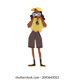 Park ranger female character looking through binoculars, flat cartoon vector illustration isolated on white background. Ranger or park keeper protecting parklands.