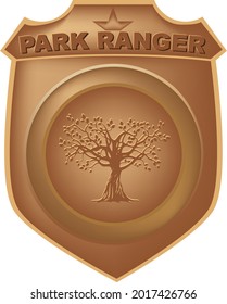 Park ranger heraldic sign with lettering and tree.