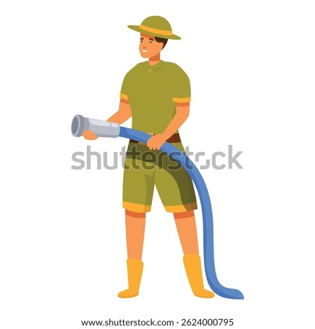 Park ranger is holding a water hose, possibly for watering plants, cleaning, or firefighting