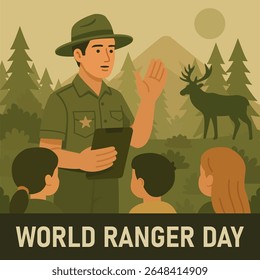 Park Ranger Teaching Children About Wildlife in Forest with Deer and Mountains – Flat Vector Illustration for World Ranger Day, Nature Education and Conservation Awareness. EPS 10