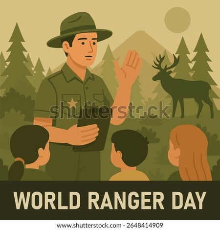 Park Ranger Teaching Children About Wildlife in Forest with Deer and Mountains – Flat Vector Illustration for World Ranger Day, Nature Education and Conservation Awareness. EPS 10