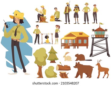 Parkwächter und geschützte Waldtierfiguren sammeln flache Cartoon-Vektorgrafik einzeln auf weißem Hintergrund. Rängergruppe zum Schutz der Parkflächen