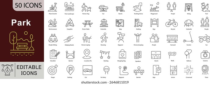 Park and Recreation Editable Line Icons Set - 50 Vector Outdoor Activity Symbols for Camping Hiking Sports Design Projects