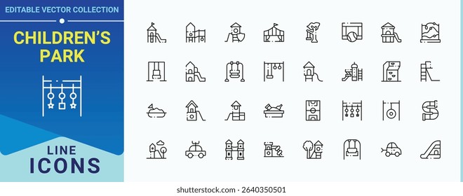 Children’s Park related icon set. Pack of game, area, toy, amusement, fun. Kid Playground icon set. Thin web icons. Editable stroke. Vector collection.
