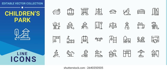 Children’s Park related icon set. Pack of game, area, toy, amusement, fun. Kid Playground icon set. Thin web icons. Editable stroke. Vector collection.